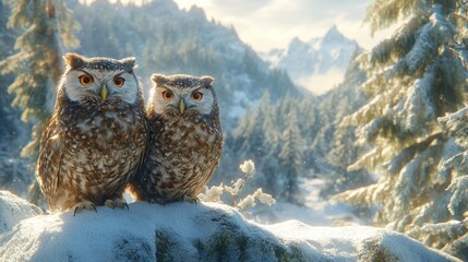 Two owls perched on snowy mountaintop