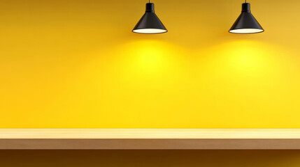 Bright yellow wall with two black pendant lights illuminating wooden shelf