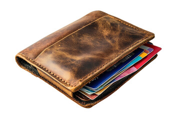 Rustic brown leather wallet holding credit cards rich texture dark background vintage style