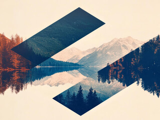 serene landscape featuring mountains and lake, enhanced with geometric shapes, evokes
