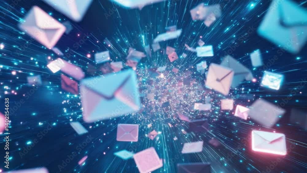 Poster vibrant digital abstract with floating email icons and glowing particles in motion