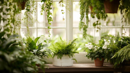 Fototapeta premium serene indoor garden filled with lush greenery and vibrant plants, creating peaceful atmosphere