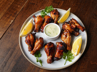 Crispy grilled chicken legs with sauce, ready to eat