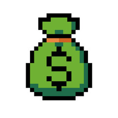 Pixel art icon of green money bag in retro style. Ideal for retro-themed games, dashboards, presentations, or financial apps. Isolated on white background, perfect for UI elements and minimalist game