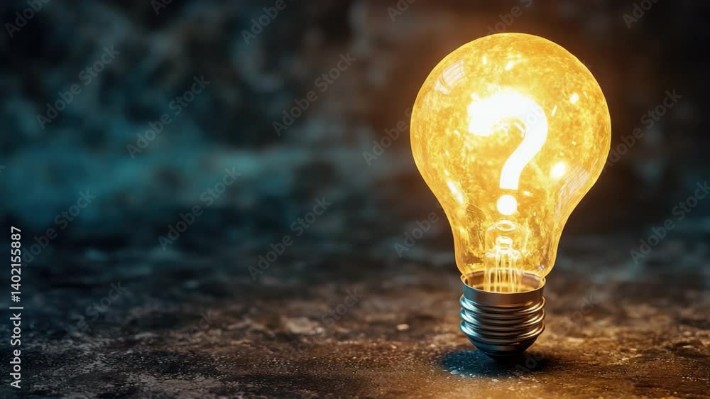 Poster glowing light bulb with a question mark symbol illuminating a dark background, representing ideas an