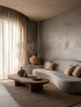 Organic wabi-sabi interior with asymmetrical furniture arrangement, curved micro-cement sofa and textured rattan rug, stone grey beige tones for minimalist home decor branding.
