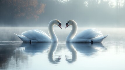 Two swans in love, reflecting on a misty lake