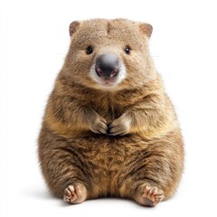 Fototapeta premium Adorable Fluffy Wombat Sitting on White Background: A Captivating Portrait of Australian Wildlife