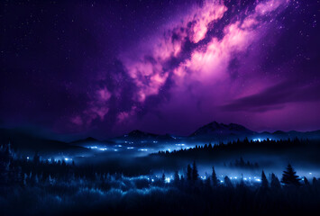 A magical purple forest background with glowing fireflies, tall mystical trees, and a twilight sky in shades of violet, high quality, generative ai