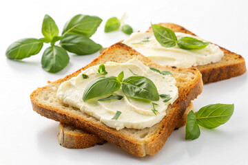 Crispy Toast with Smooth Cheese Spread and Fresh Basil Leaves on White Background