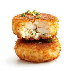 Golden and crispy crab cakes with a tender, flaky interior and a crispy exterior, isolated white background