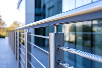 Durable stainless steel outdoor handrail with cables installed in a contemporary building, ensuring safety and style on the balcony area