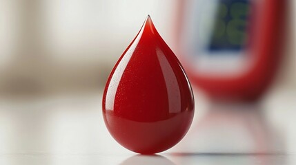 Obraz premium Close-up of blood glucose test strip with fresh blood drop on white surface, diabetes monitoring and health check concept for medical care and prevention.