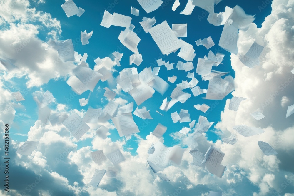 Poster papers are scattered in the sky as users upload documents to the cloud for secure storage and easy a