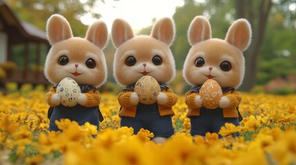 Three adorable bunny rabbits holding easter eggs in a field of flowers.