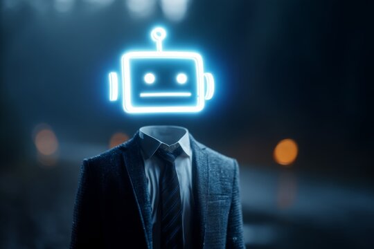 A headless businessman with a glowing robot head icon hovering above him