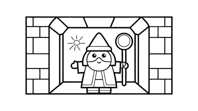 recommend clip art: Cartoon Wizard In Stone Archway Holding Staff Fantasy Character Black And White Outlines For Coloring Books