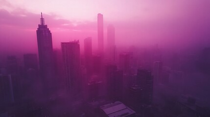 Pink Cityscape Sunrise Fog Aerial View