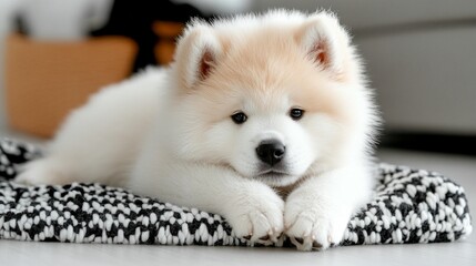 Adorable fluffy white puppy lying on a blanket, looking at the camera.