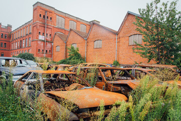 Carcasse de voitures abandonnées. Véhicules brûlés. Casse automobile. Squelettes de voitures...