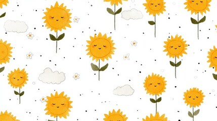 Happy Sunflowers Seamless Pattern  Cottagecore  Cute  Floral  White Background