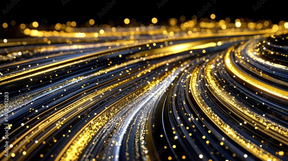 Poster abstract golden lines of light flow across dark background space