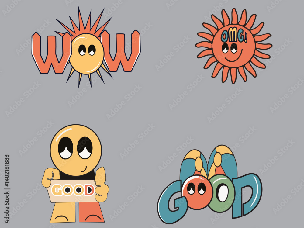 Fototapete collection of groovy elements with wow, omg, good text. vector illustration.playful stickers set in 