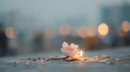 Fototapeta premium Serene Pink Flower Candlelight Peaceful Night Scene Soft Focus Bokeh Lights