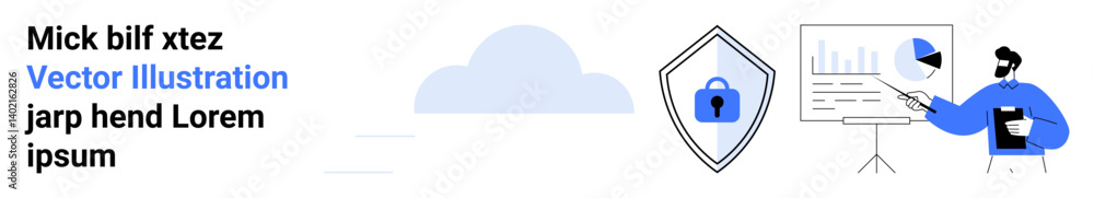 Poster business professional presenting data charts and analytics in front of a board, shield icon with a l