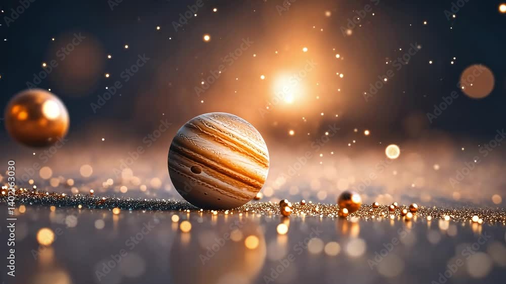 Poster stunning cosmic glow of planet resembling jupiter, surrounded by shimmering particles and celestial 