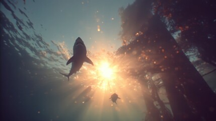 Fototapeta premium Majestic Sharks Sunlit Underwater Scene Ocean Wildlife Marine Life Sunlight Deep Sea