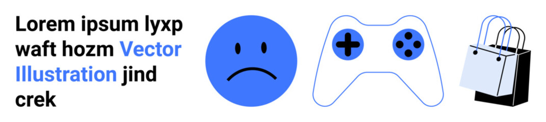 Sad face next to a gaming controller and a shopping bag, juxtaposing emotion, entertainment, and retail. Ideal for emotion, gaming, shopping, balance, modern lifestyle stress flat landing page