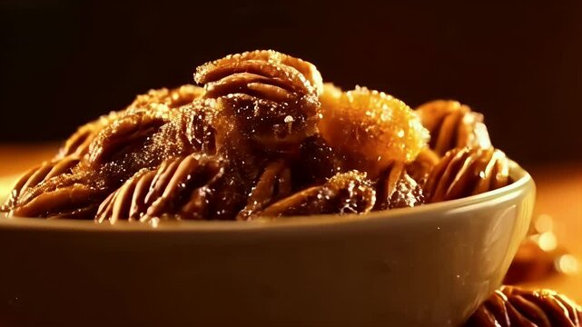 Candied Pecans in White Bowl Close Up