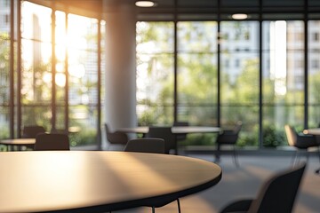 A round table with sunlight streaming through large windows in a modern office setting