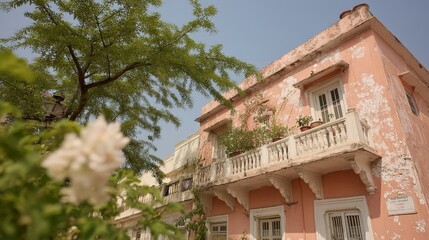 Fototapeta premium Pink Palace Facade Traditional Architecture Old Building Balcony Flowers Tree