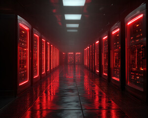 Red Server Room Data Center Cybersecurity Futuristic Data Storage