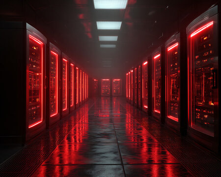 Red Server Room Data Center Cybersecurity Futuristic Data Storage