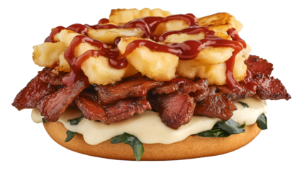 delicious open faced sandwich topped with crispy fries, savory bacon, melted cheese, and drizzle of tangy sauce, creating mouthwatering combination of flavors and textures