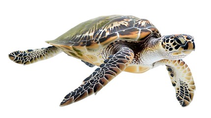 Fototapeta premium A Majestic Sea Turtle with a Beautifully Patterned Shell, Captured in a Close-Up View Against a Pure White Backdrop, Showcasing the Intricate Details of its Scales and Flippers.