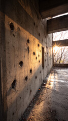 Abandoned Concrete Building with Bullet Holes Sunset Light