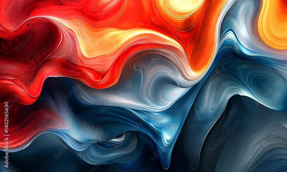 Poster vibrant abstract waves in fluid motion with dynamic colors of red, blue, and orange in a captivating