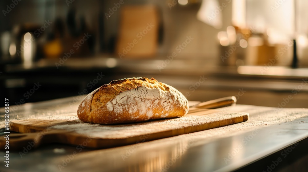 Poster a rustic loaf rests on a flour-dusted cutting board, illuminated by warm morning light streaming thr