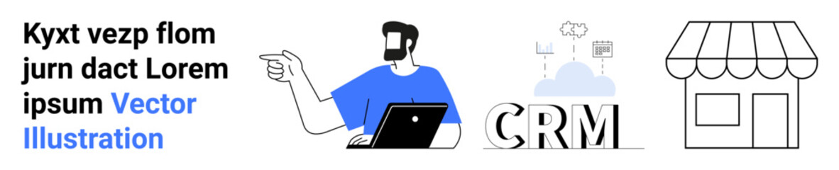 Man using laptop, CRM software icon, storefront outline, cloud-based tools. Ideal for CRM, retail, e-commerce, customer support, automation operations flat landing page banner