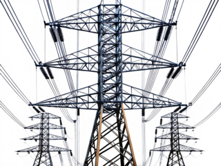 high power transmission lines of electricity isolated on white background