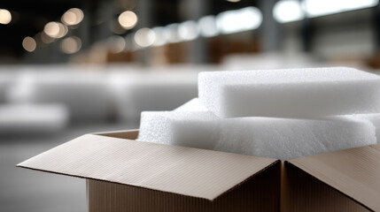 Open cardboard box with foam padding on warehouse floor, creating sustainable packaging solution