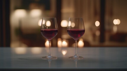 Two crystal wine glasses filled with rich red wine rest on a marble counter, illuminated by soft candlelight in a blurred, festive dining setting