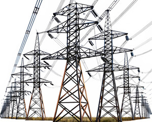 high power transmission lines of electricity isolated on white background