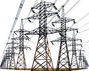 high power transmission lines of electricity isolated on white background