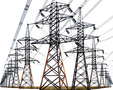 high power transmission lines of electricity isolated on white background