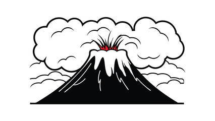 Simplified Graphic Of An Erupting Volcano Spewing Smoke And Fire Featuring Black Outlines And A White Background